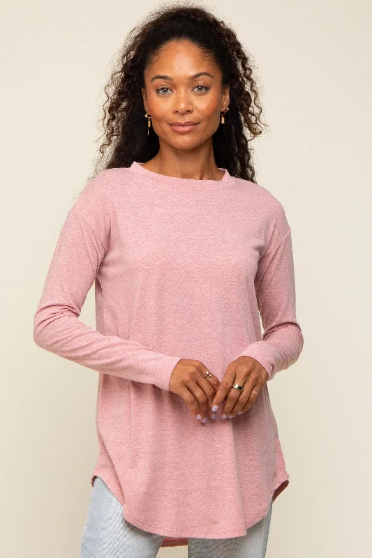 Relaxed Style Light Pink Long Sleeve Curved Hem Top