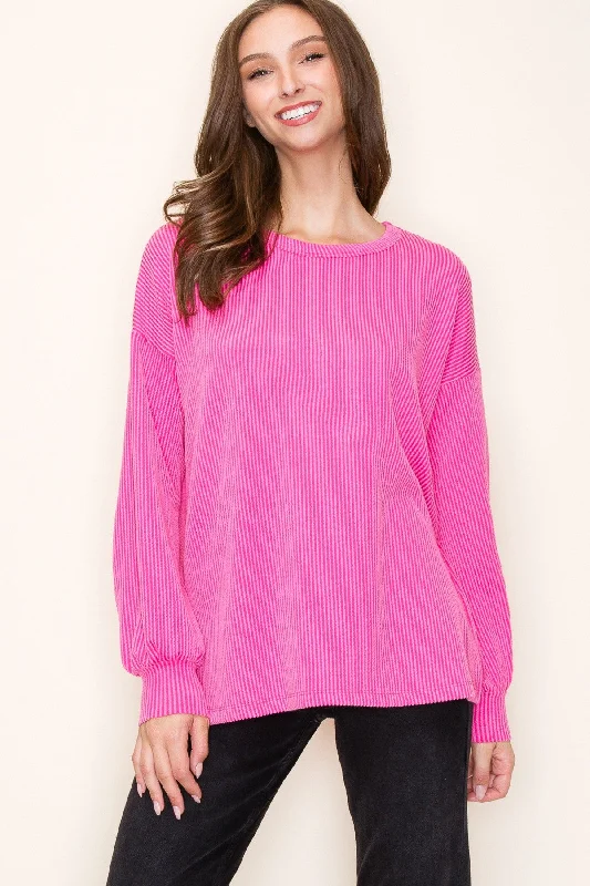 Casual Clothes For Women Fuchsia Ribbed Long Sleeve Top