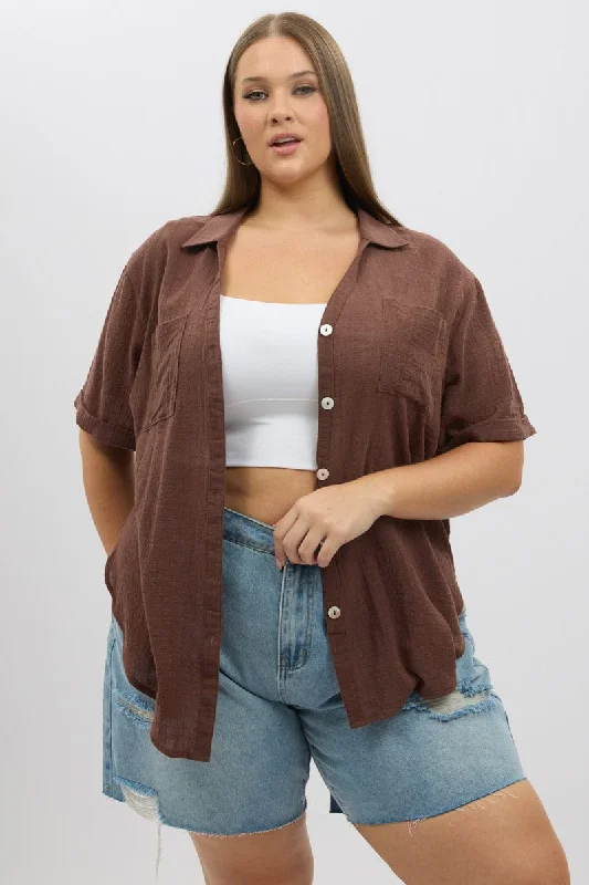 Women's Transitional Apparel Brown Relaxed Shirt Short Sleeve