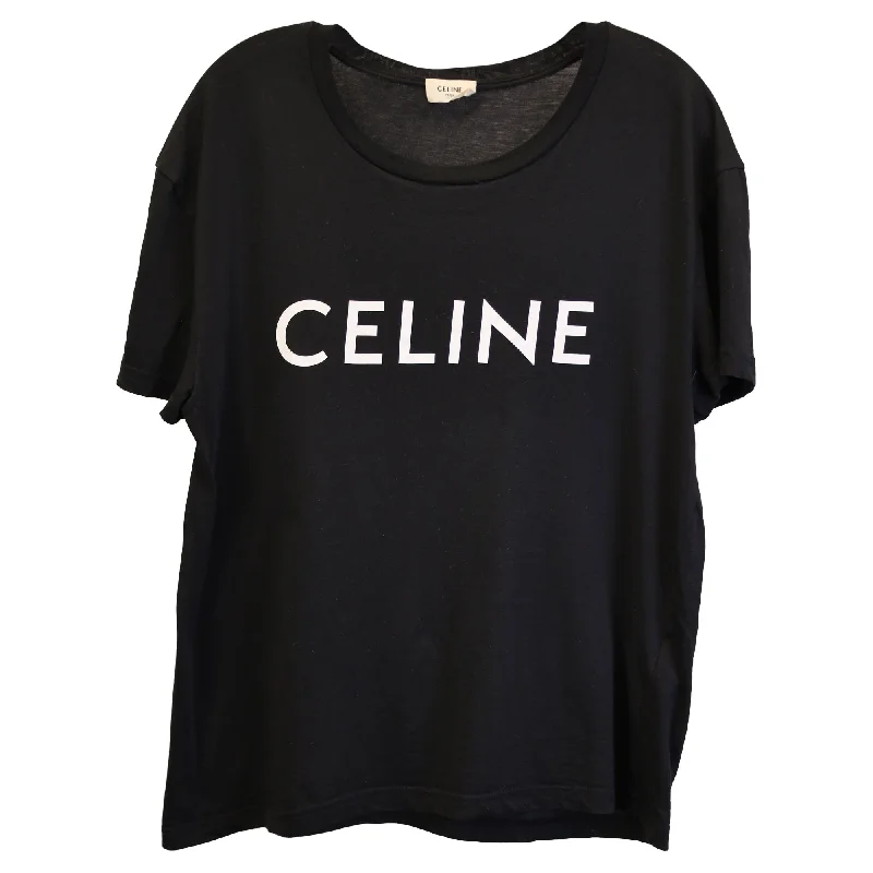 Luxury Women's Fashion Celine Logo T-Shirt in Black Cotton