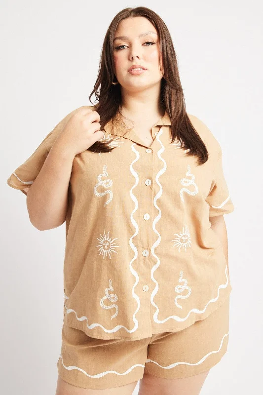 Eclectic Fashion Beige Relaxed Shirt Short Sleeve