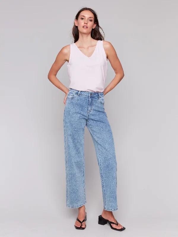 Current Trends Rhinestone Embellished Wide Leg Jeans - Light Blue