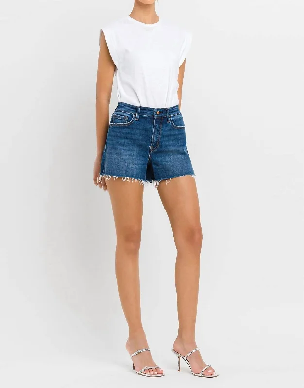 Premium Fabrics Kayla High Rise Side Slit Raw Hem Short In Denim