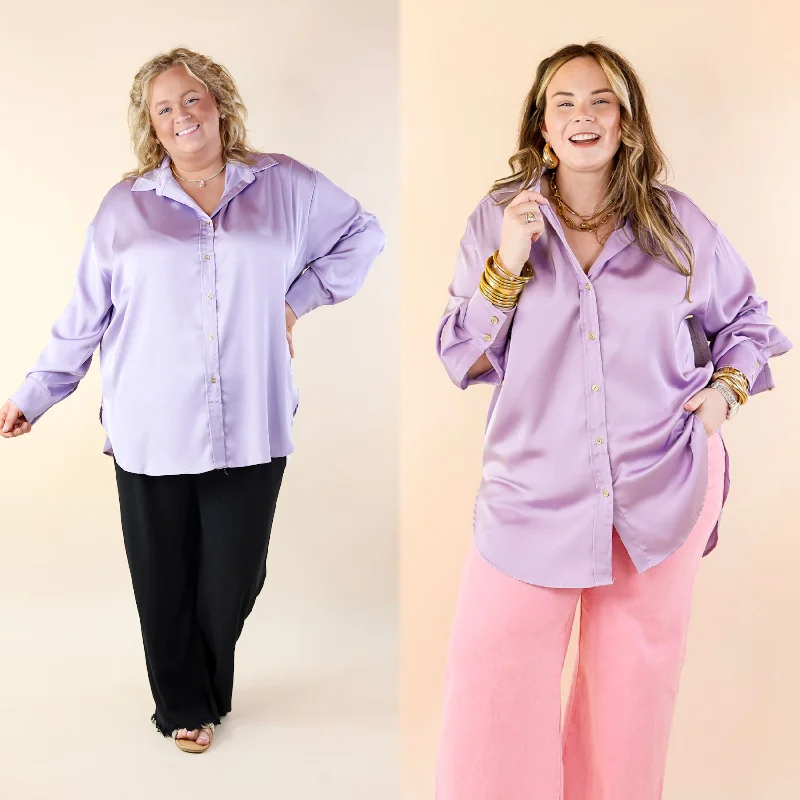 Women's Vacation Outfit Tell Me Something Good Long Sleeve Button Up Top in Lavender Purple