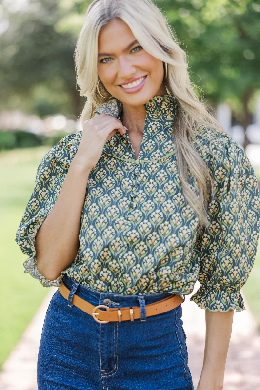 Evening Elegance Keep It Up Navy Blue Medallion Ruffled Blouse