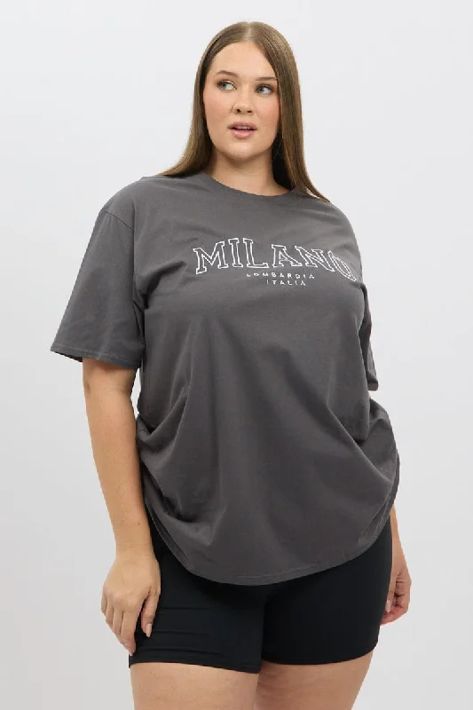 Exclusive Sale Grey Graphic T shirt Short Sleeve Crew Neck