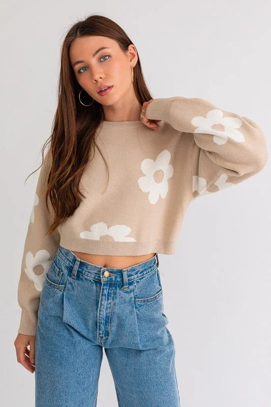 Sporty Streetwear Daisy Print Cropped Sweater