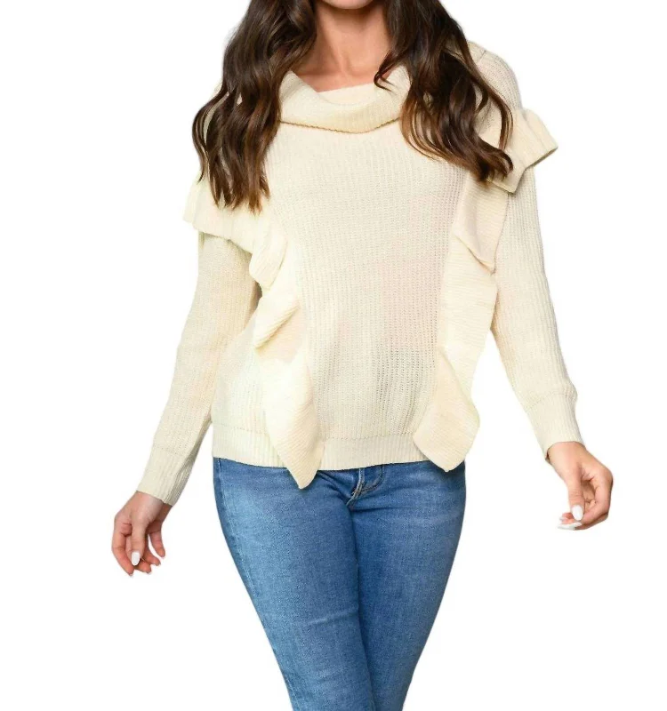 Plus Size Women's Fashion Women's Long Sleeve Ruffle Turtle Neck Top In Cream