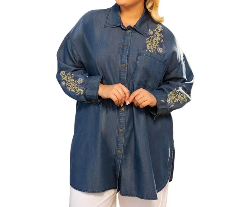 Early Bird Offer Embroidered Long Sleeve Oversize Tunic - Plus In Denim