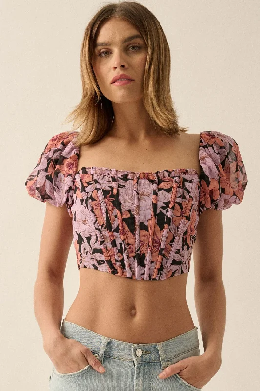 Limited Time Offer Soft Pink-Apricot Floral Chiffon Puff-Sleeve Cropped Corset Top