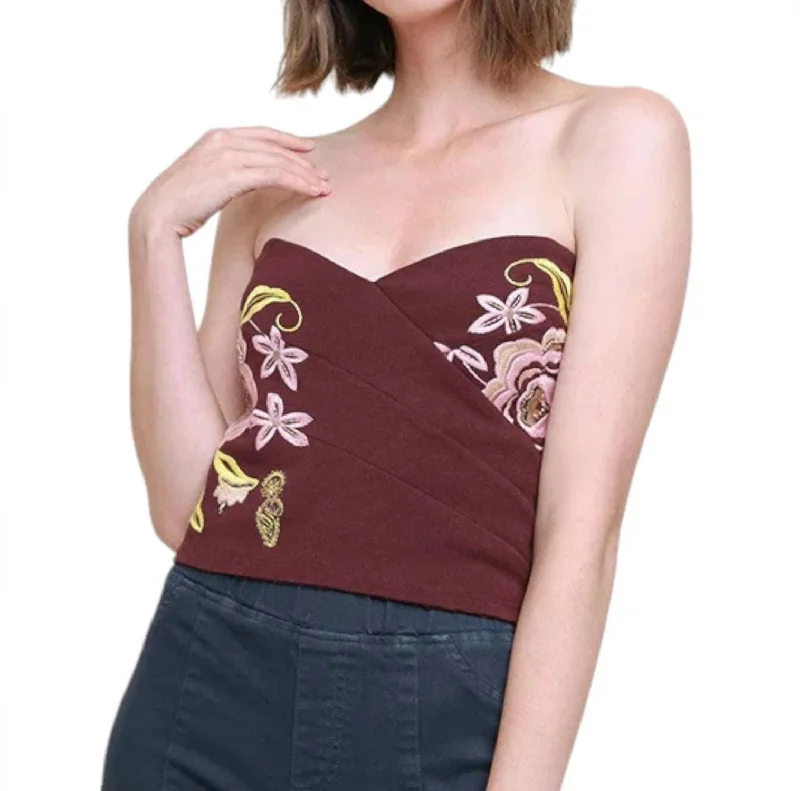 Women's Romantic Outfit Beaded & Embroidered Crop Top In Maroon