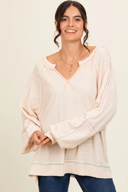 Women's Occasion Wear Apparel Cream Split Neck Oversized Long Sleeve Top