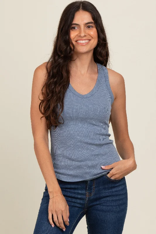 Seasonal Sale Blue V-Neck Ribbed Tank Top