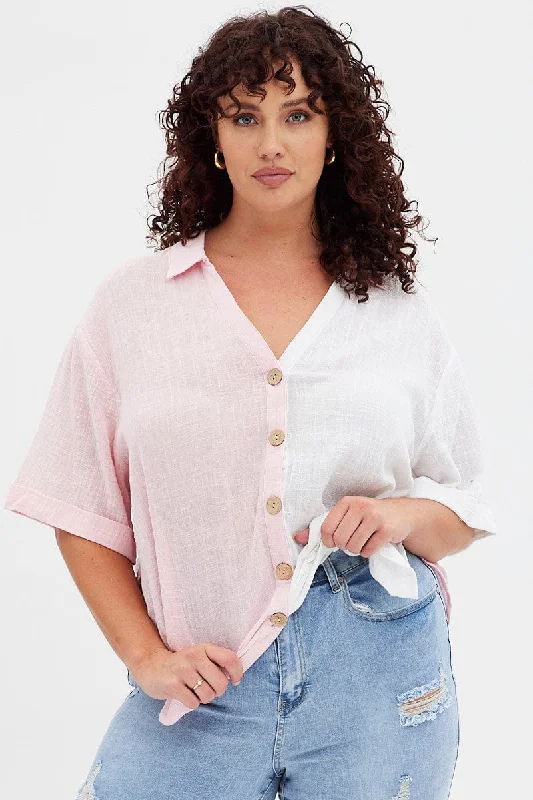 Women Apparel Pink Short Sleeve V-neck Loose Fit Color Block Shirt