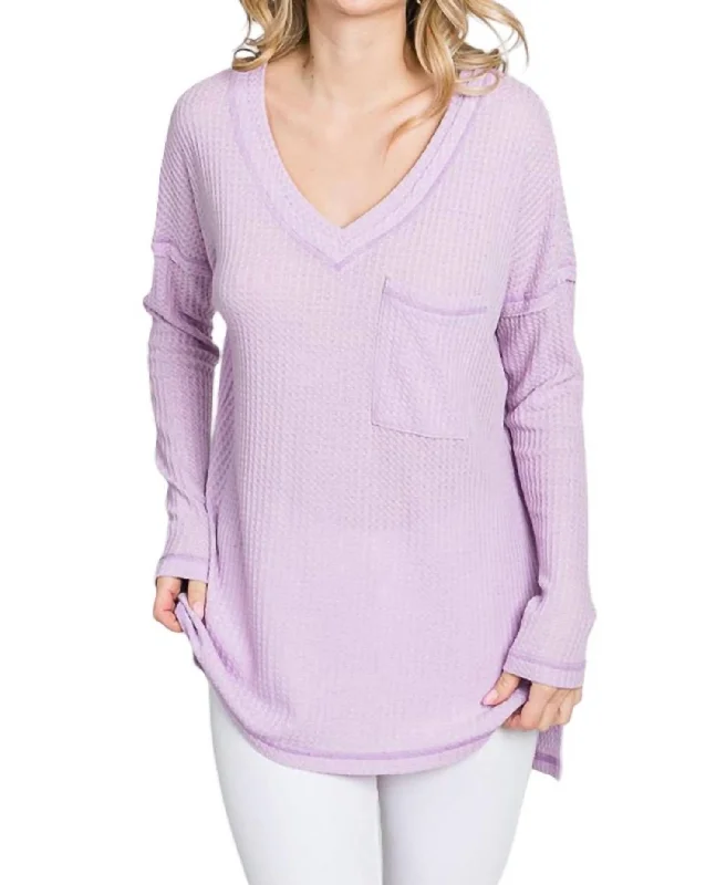 Plus Size Women's Fashion Waffle Knit V-Neck Long Sleeve T-Shirt In Lilac